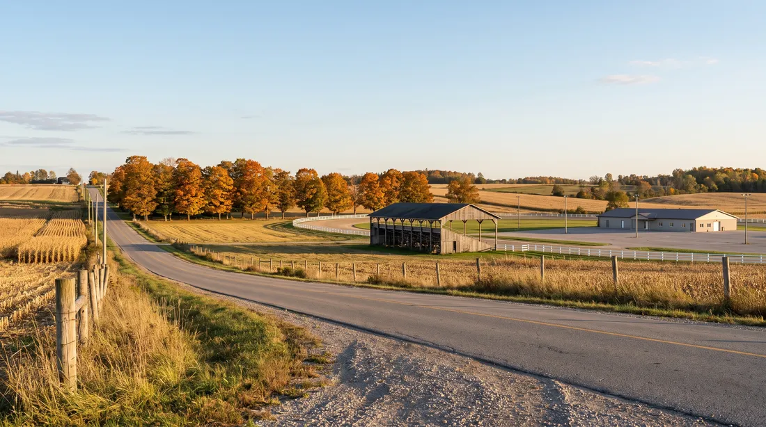 A two-lane county road through autumn farmland, with a covered grandstand, a white-railed oval and a low building in the distance.